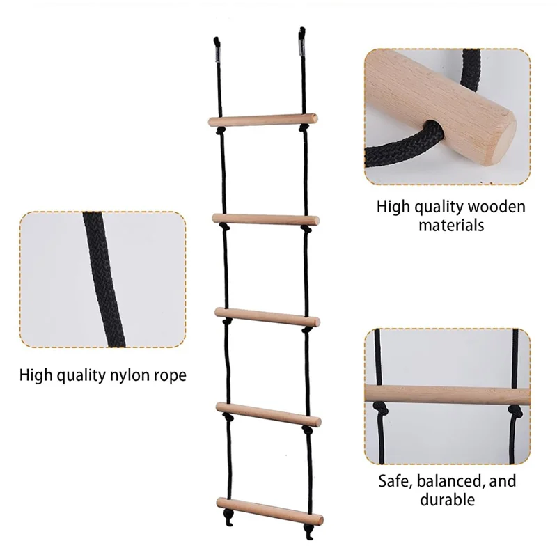 Scala Di Corda In Legno Per Bambini Con Pioli In Legno - 135 Cm, Portata 150 Kg Per Altalena E Arrampicata Da Giardino - 3