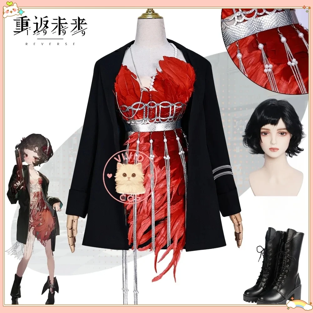 

Game Reverse: 1999 Schneider Cosplay Costume Sexy Red Dress with Feather Style for Women Halloween Party ComicCon Suit Wig Shoes