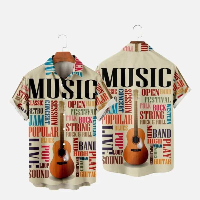 

2022 Summer Street Men's Shirts Hawaiian Vacation Shirts High Quality Guitar Music 3D Print Lapel Single Button Men T-Shirt Top