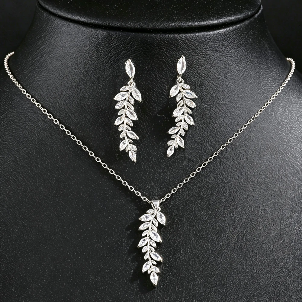 ZAKOL Wunderschönes Blatt-Cubic-Zirkonia-Ohrringe-Halsketten-Schmuckset für Damen, elegante Accessoires für Hochzeiten und Partys, Schmuckgeschenk – Detail 3