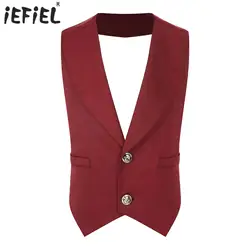 Kids Boys Gentleman Waistcoat Sleeveless Vest Lapel V Neck Button Up Pointed Hem Backless Tank Top for Banquet First Communion