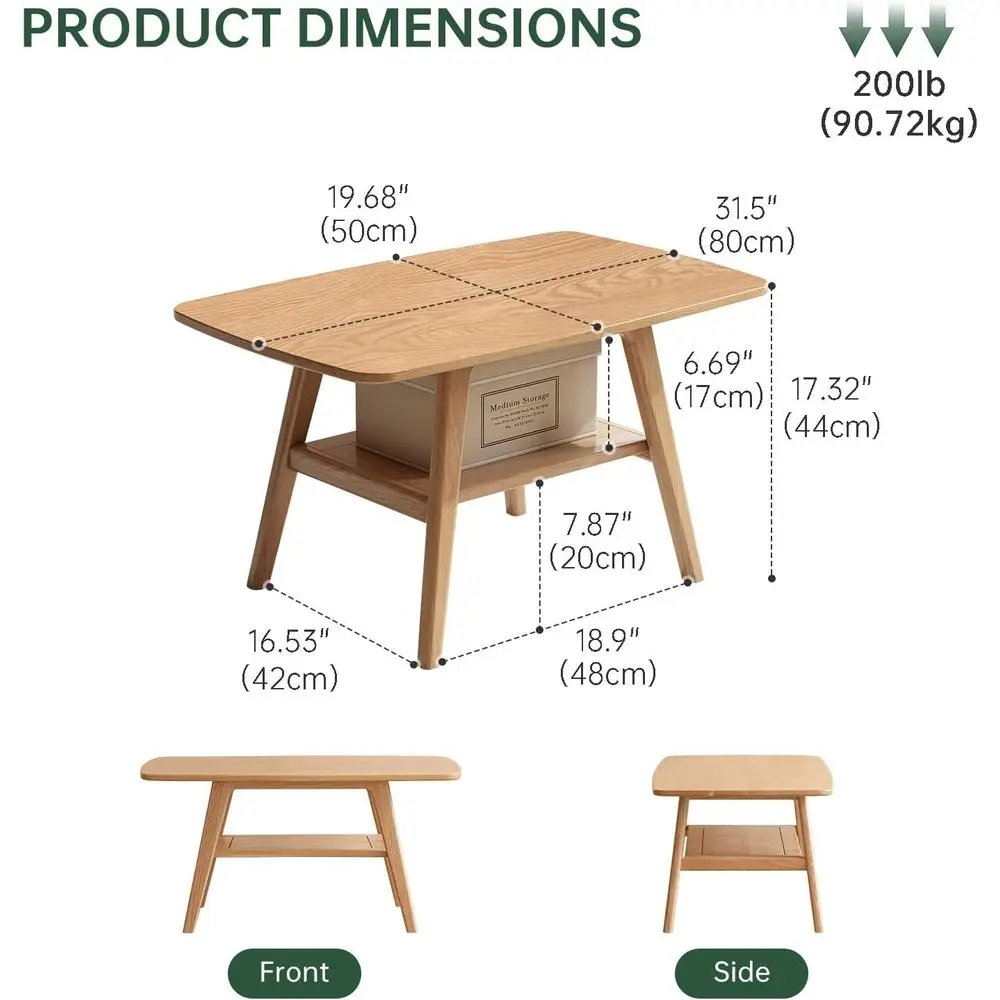 Mid-Century 2-Tier Oak Coffee Table with Storage and Rounded Corners, 31.5 Length