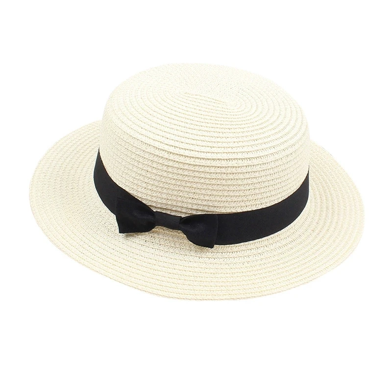 Damen-Sommerhut im britischen Stil, einfacher Strohhut mit kleiner Krempe, koreanischer Stil, Schleifenknoten, flacher Sonnenhut, beliebter Damen-Strohhut – Detail 19