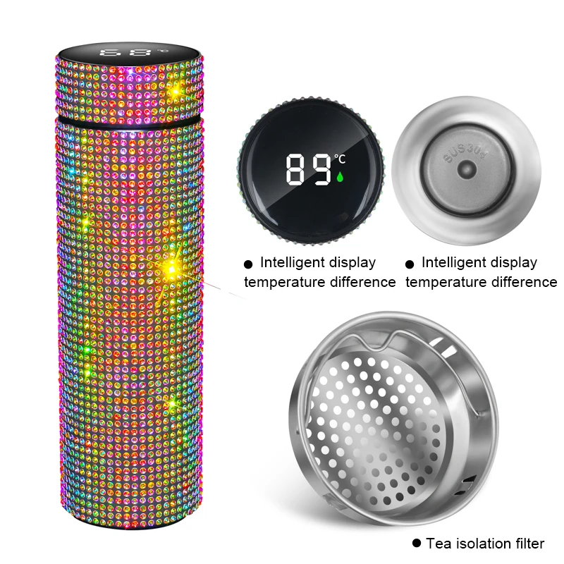 Rhinestone Diamond 500ml Coffee Cup Car Tumbler Vacuum Flasks Temperature Display Thermos Bottle Stainless Steel Water Bottle