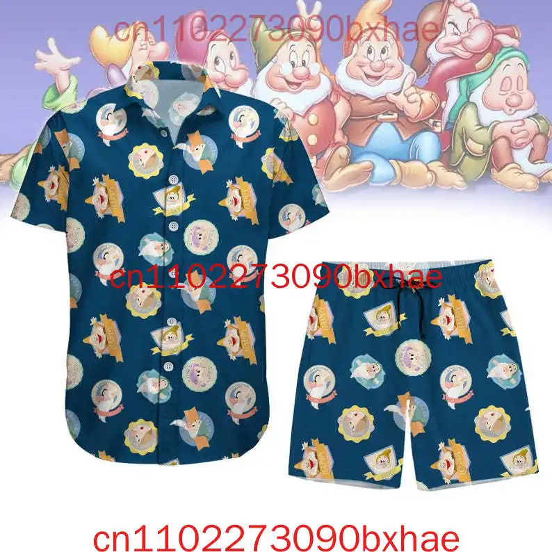 

The Seven Dwarfs Cosplay Button Shirt Disney Snow White Hawaiian Shirt Halloween Shorts Men Cartoon Halloween Costume Shirt