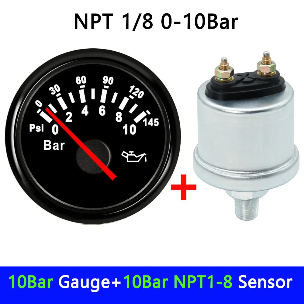 Kundenspezifischer 0 bis 10 Balken 1/8 NPT Öldrucksensor Dieselgeneratorteile 10 mm Crew Plug Passender 52 mm Öldruckmesser + Sensorsatz