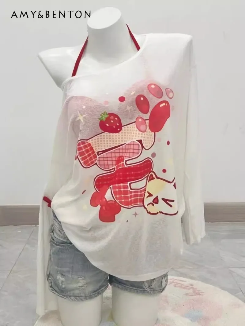 

Two-dimensional Cute Soft Cute Strawberry Print Loose Lazy Blouse Long-sleeved T-shirt Top For Women