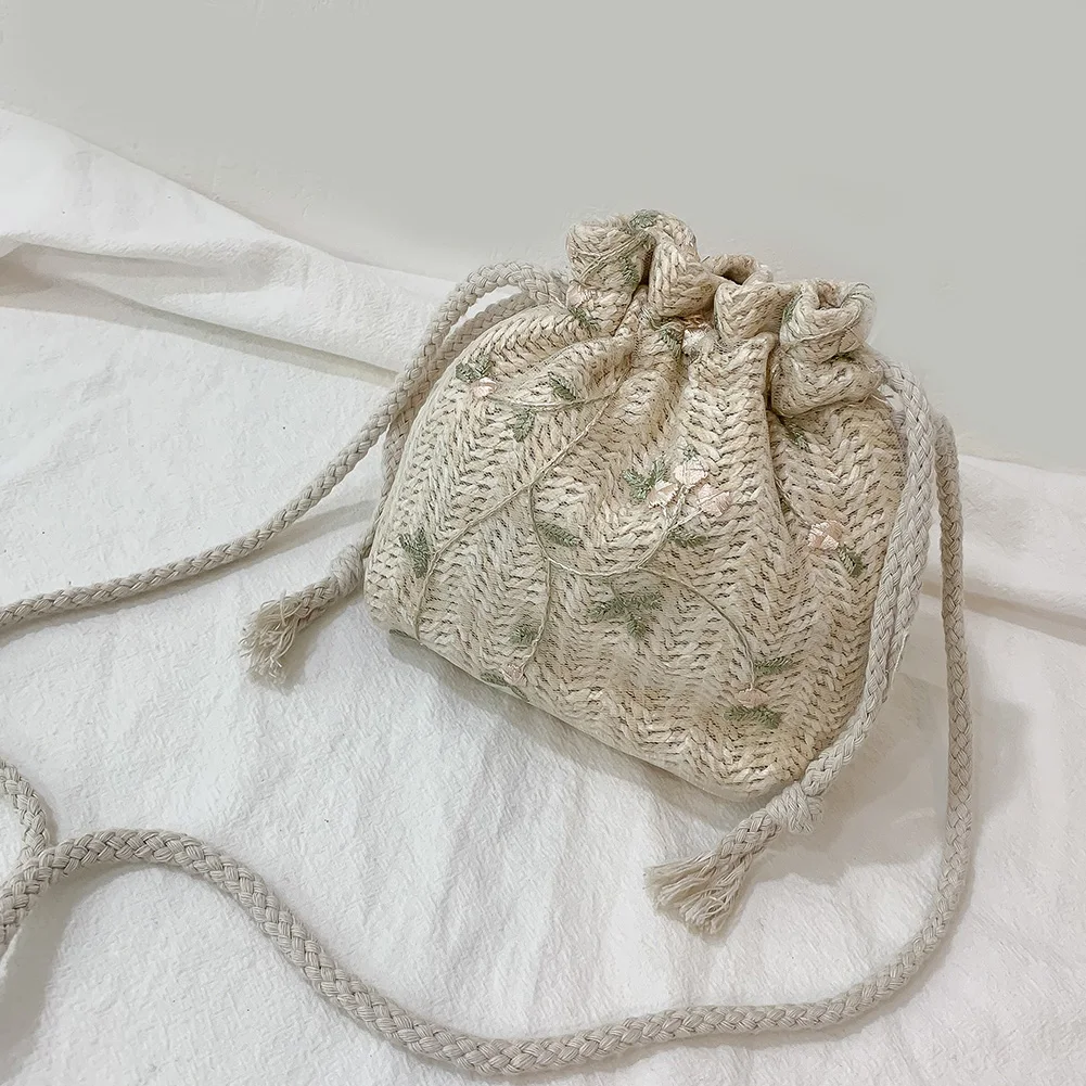 Summer Woven Drawstring Bag 2024 Ladies Straw Weaving Small Crossbody Bag Lace Flower Embroidery Satchel Women Beach Sling Purse