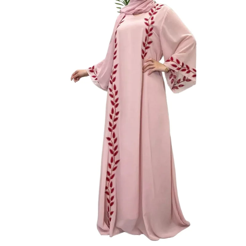 

Middle East Dubai Türkiye Fashion Street Chiffon V-neck Embroidery Long Dress Gown with Headband