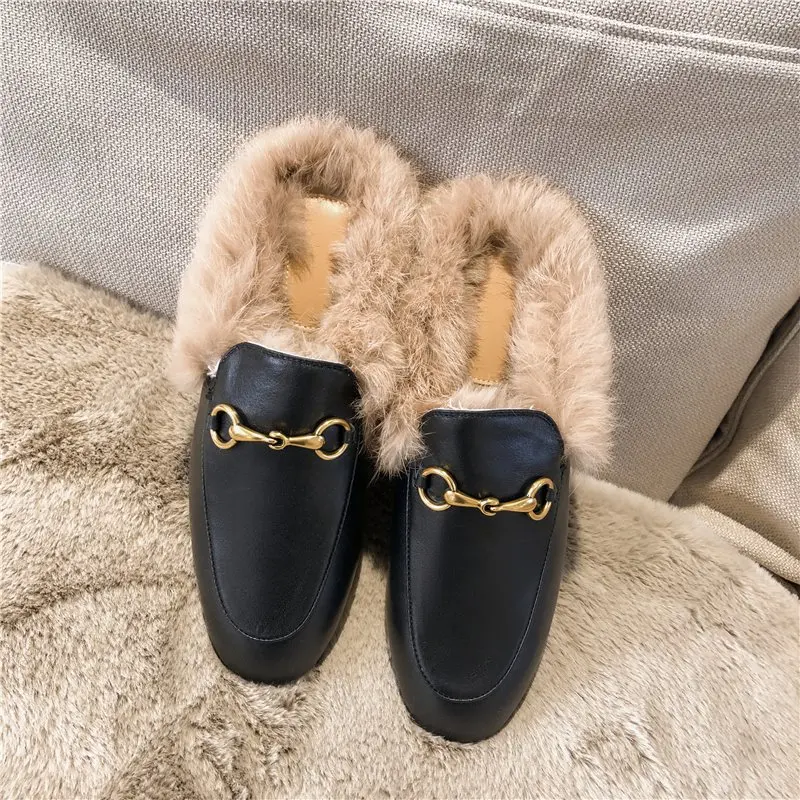 Smirnova New Genuine Leather Shoes Women Slippers Fur Ladies Loafers Fashion Round Toe Ladies Shoes Flat Slippers