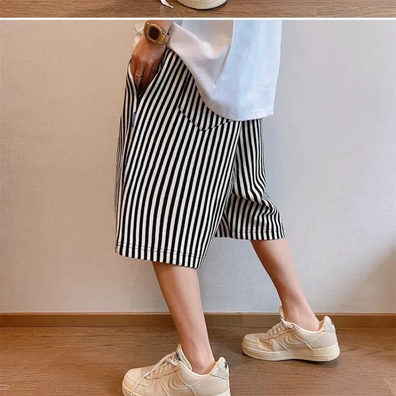 High Street Elastic Waist Striped Loose Five Quarter Pants Summer New All-match Youth Casual Shorts Vintage Fashion Men Clothing