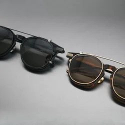 Top Handmade Acetate Clip on Eyeglasses Frame for Men Retro Square Frame Titanium Leg Prescription Clip on Polarized Sunglasses