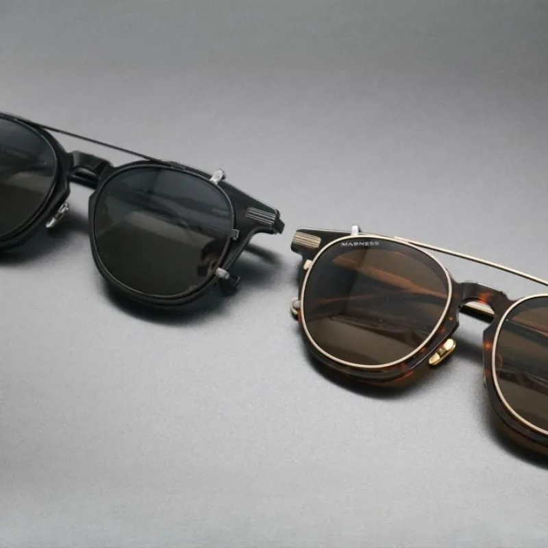 Top Handmade Acetate Clip on Eyeglasses Frame for Men Retro Square Frame Titanium Leg Prescription Clip on Polarized Sunglasses