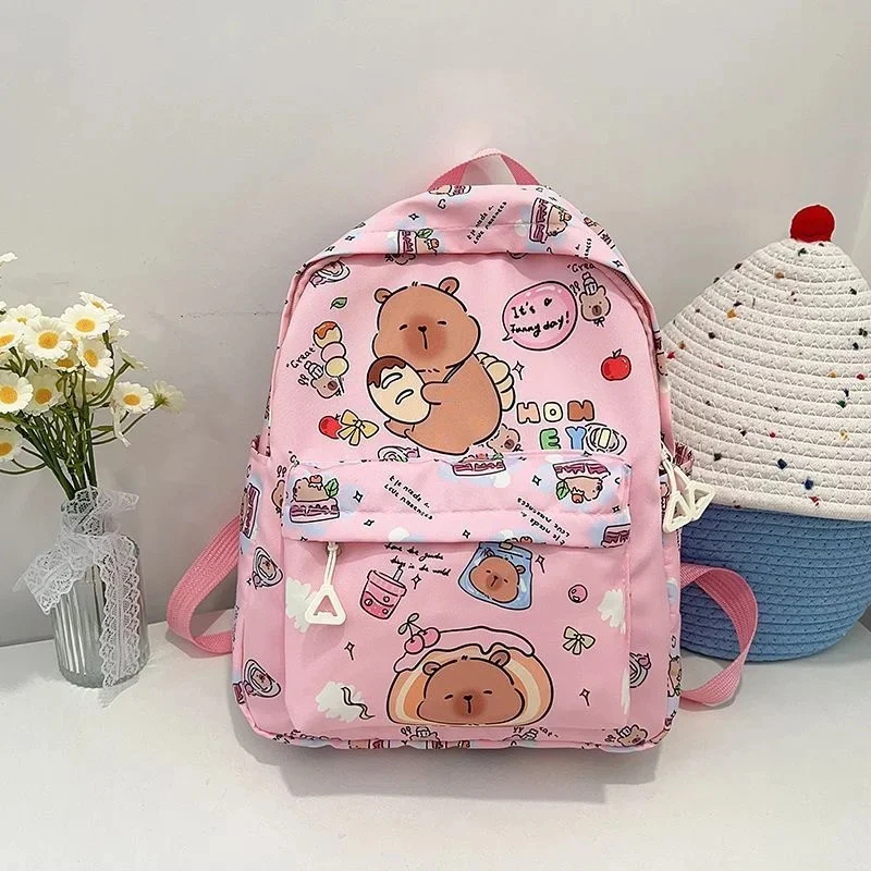 Kawaii Capybara Cartoon Backpack For Teen Girls Student School Bag Nylon Large Capacity Lightweight Rucksack Travel Daily Use