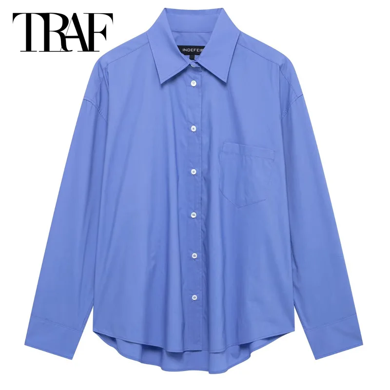 

TRAF Women's Blouse Blue Shirts & Blouses Spring 2025 Long Sleeve Top Women Loose Button Up Shirts Chic Elegant Womens Blouses