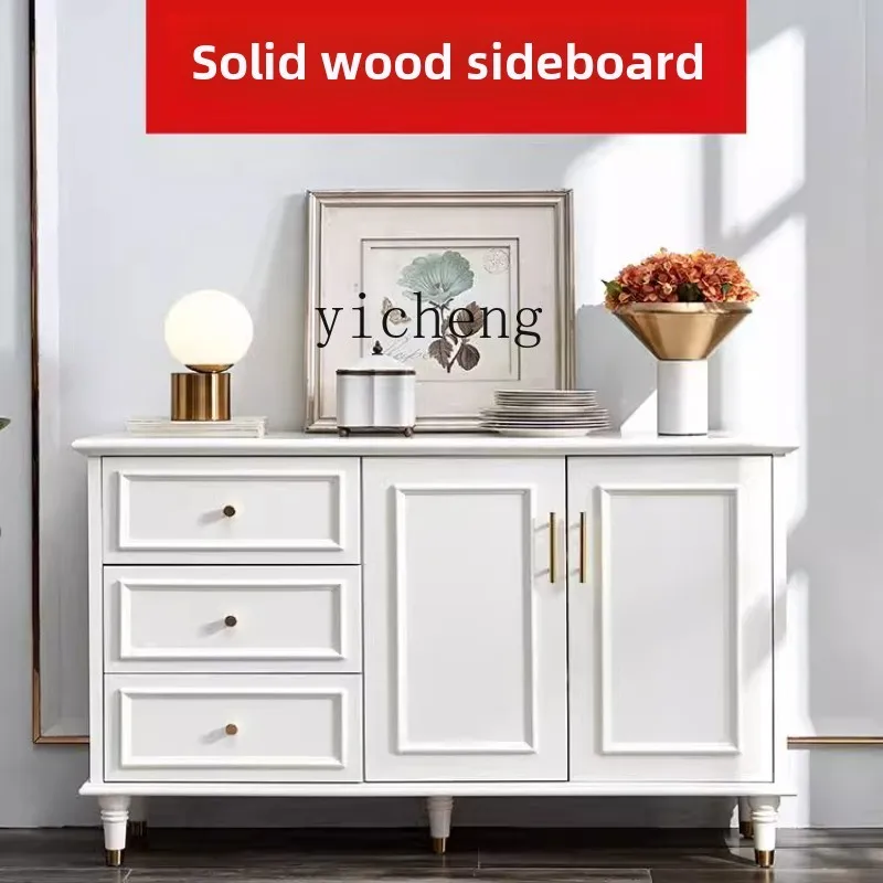 LYY  solid wood dining side cabinet all solid wood French style white paint tall and short storage tea cabinet