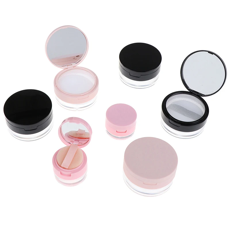 Portable Plastic Powder Box Empty Loose Powder Pot With Sieve Mirror Cosmetic Sifter Loose Jar Travel Makeup Container