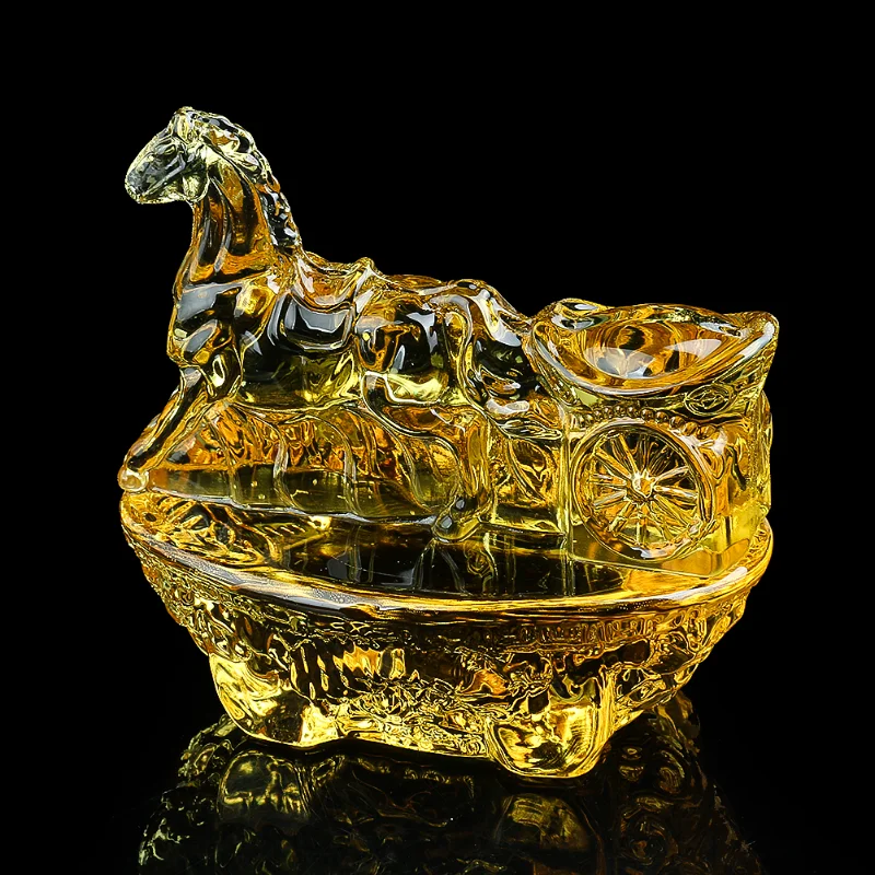 Lucky Fortune Horse Steed Cart Ingots Golden Crystal Glass Colored Glaze Money Feng Shui Ornament Mascot Figurines Desk Crafts
