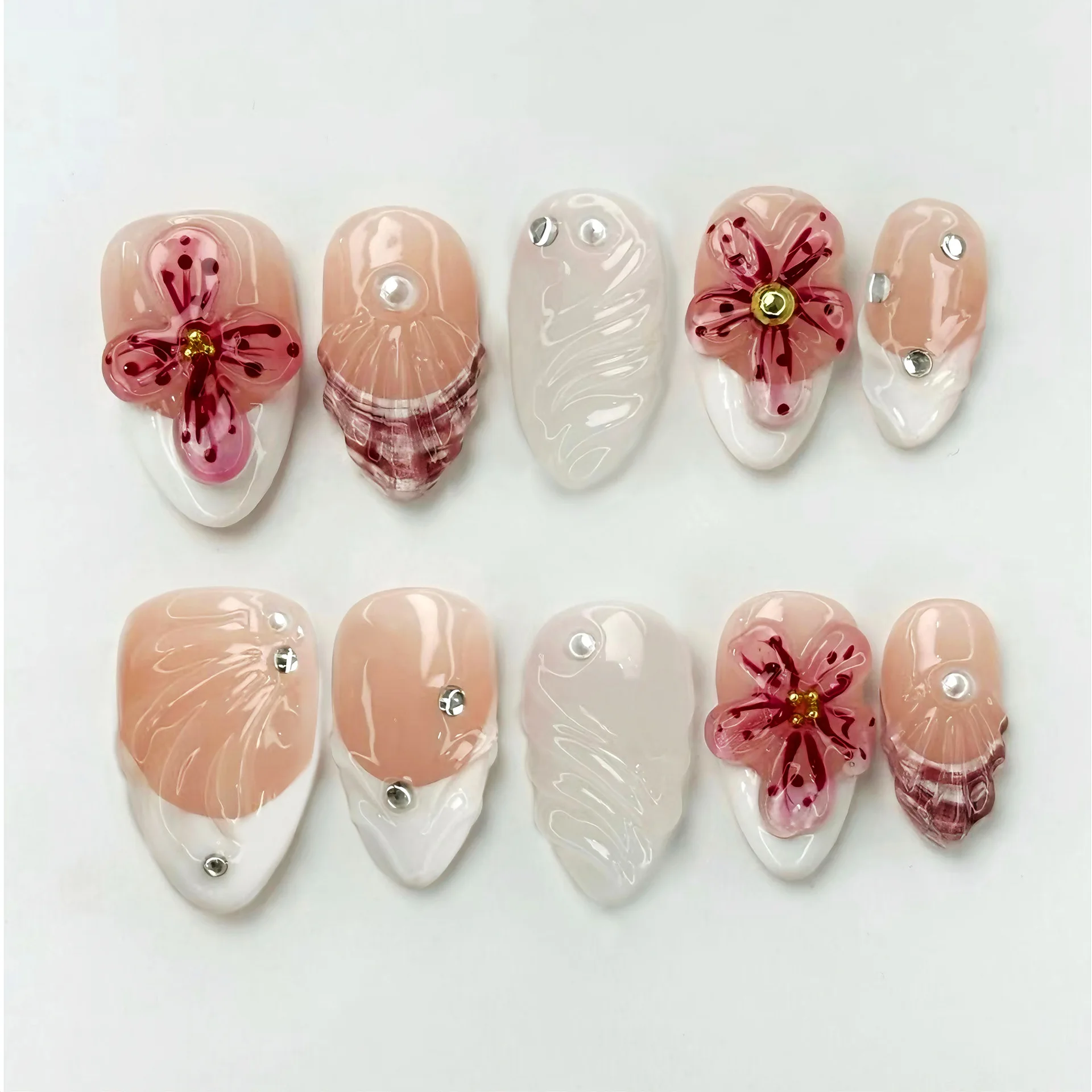 

24PCS 3D Floral False Nails Water Ripple Almond Press on Nails High End White French Hand Diamond Manicure Daily Sweet for Girls