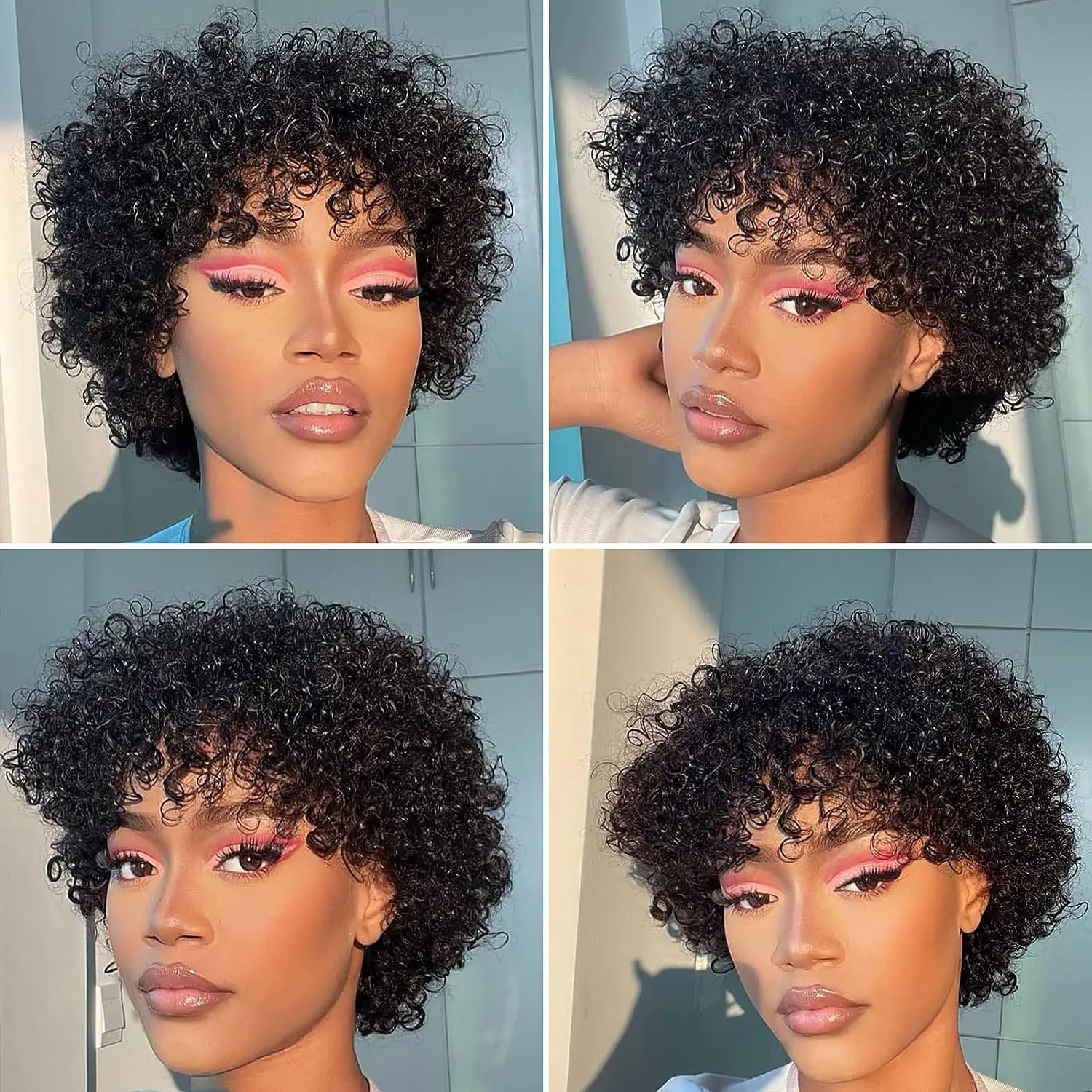 Fluffy Afro onda peruca com franja natural, 100% cabelo humano, cabelo virgem com franja, Kinky Curly Bob peruca, 180% Densidade