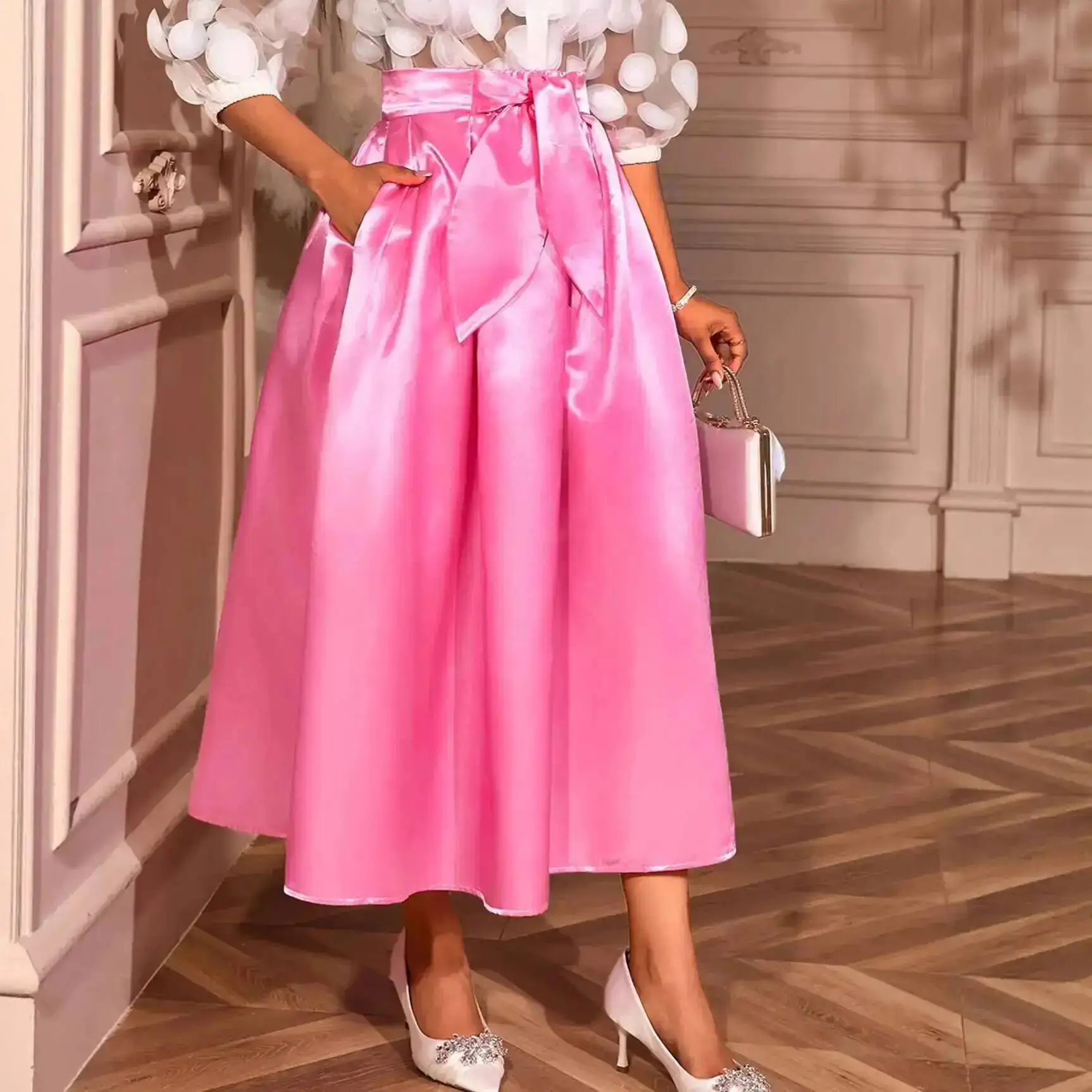

Elegant Pink Satin Skirt, High-waisted, Versatile For Parties And Commuting, Loose And Slimming A-line Skirt