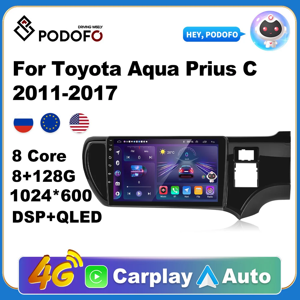 Podofo Wireless CarPlay Andorid Auto Car Radio For Toyota Aqua Prius C 2011-2017 AI Voice Multimedia GPS 2din autoradio