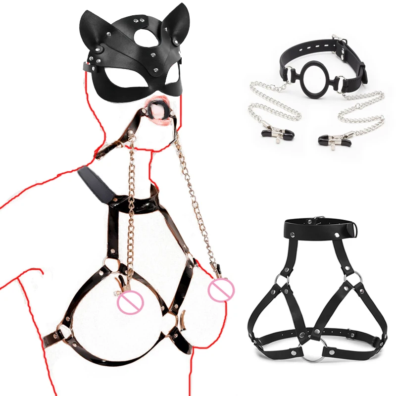 HotX PU Women\'s Mouth Gag Nipple Clamps with Collar BSDM Bondage Set Restraint Cat Headgear Roleplay Sex Toys for Women