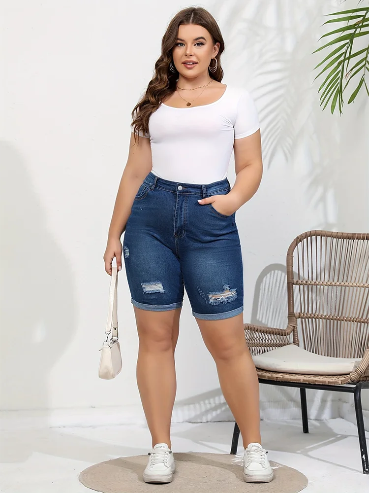 Klasyczne niebieskie zwinięte spodenki jeansowe Moda damska Uniwersalne gorące spodnie Plus Size Średnia talia Rozciągliwe dżinsy Solidne obcisłe