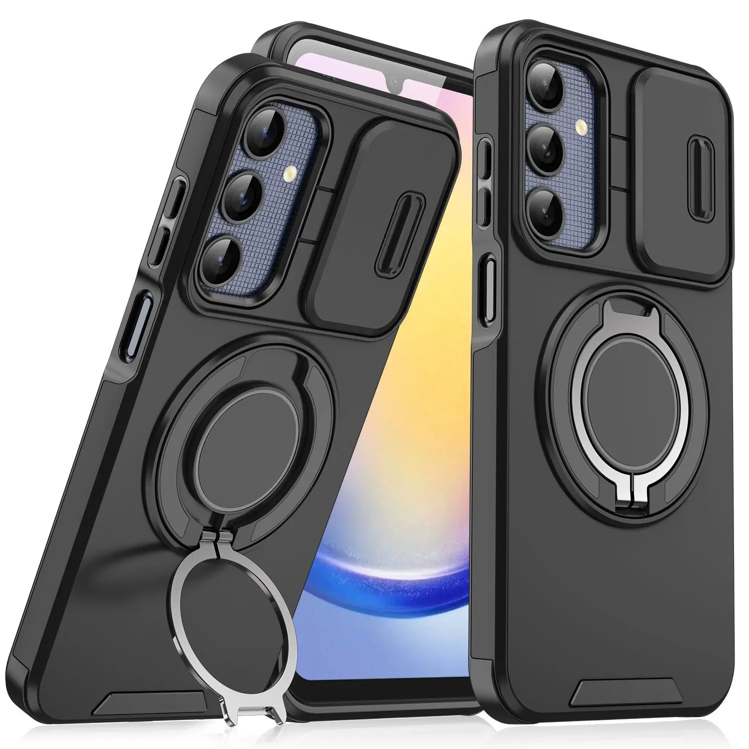 Sliding Camera Lens Protection Armor Phone Case For Samsung Galaxy A25 360° Rotate Ring Holder Kickstand Shockproof Back Cover