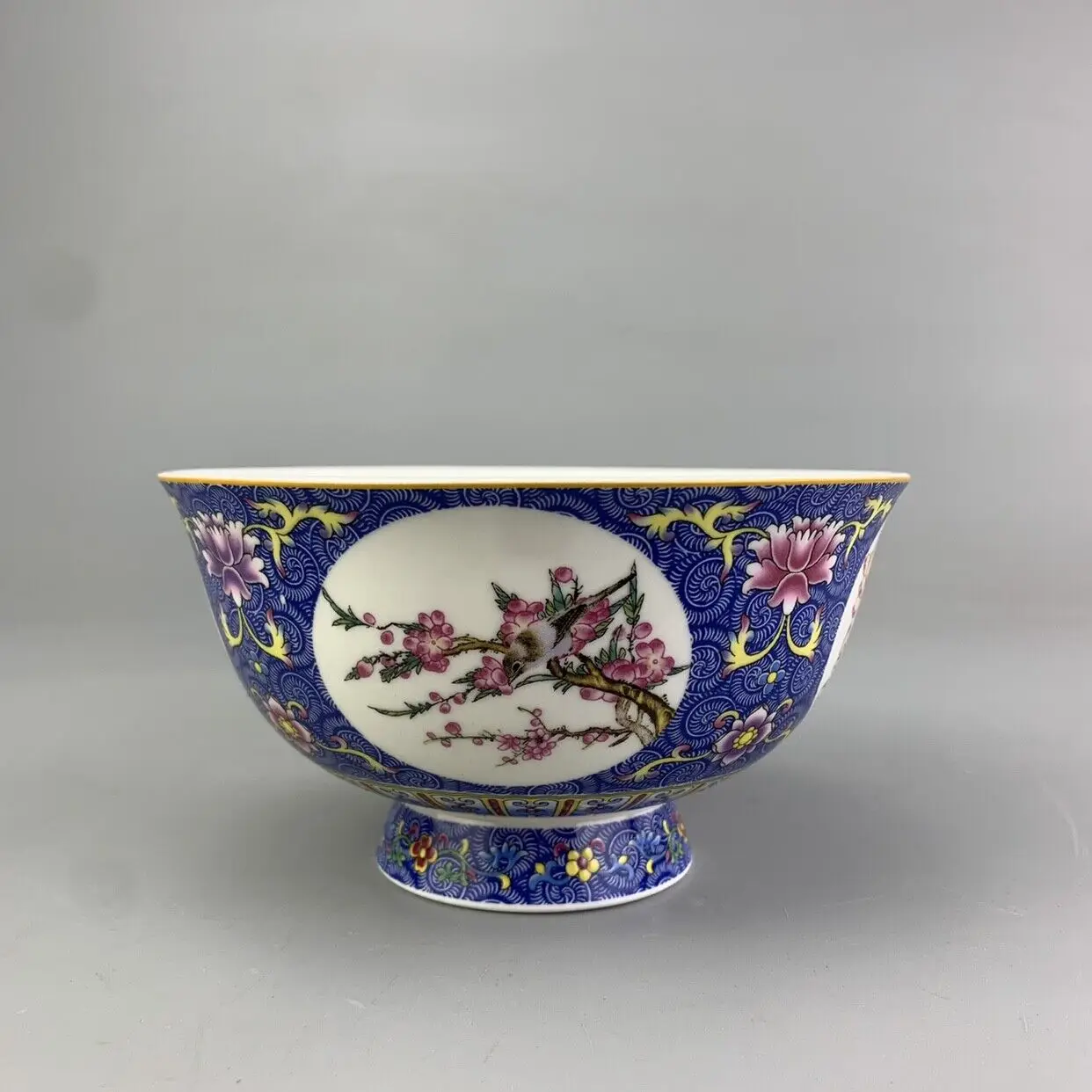 

Chinese Blue Famille Rose Porcelain Qing Qianlong Flowers Bird Design Bowl 5.12"