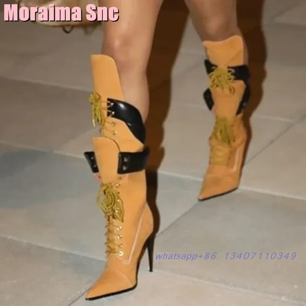 Yellow Lace-up Patchwork Mid Calf Boots Pointed Toe Stiletto High Heel Sexy Fashion Women\'s Boots Mixed Colors Tan Trendy Shoes