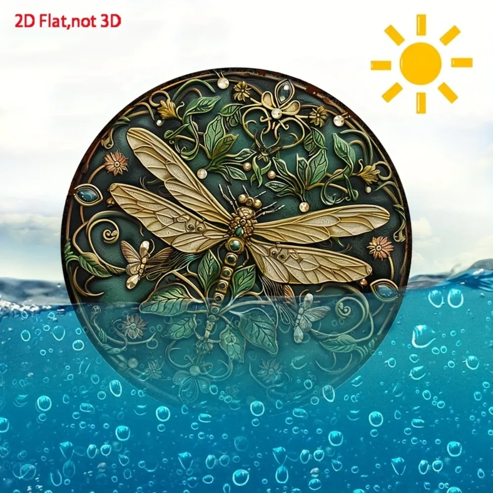 جدارية معدنية من Art Nouveau Dragonfly - تصميم زهور ذهبي وأخضر، ديكور حائط متين للاستخدام الخارجي | لوحة معدنية منقوشة بالزهور #5