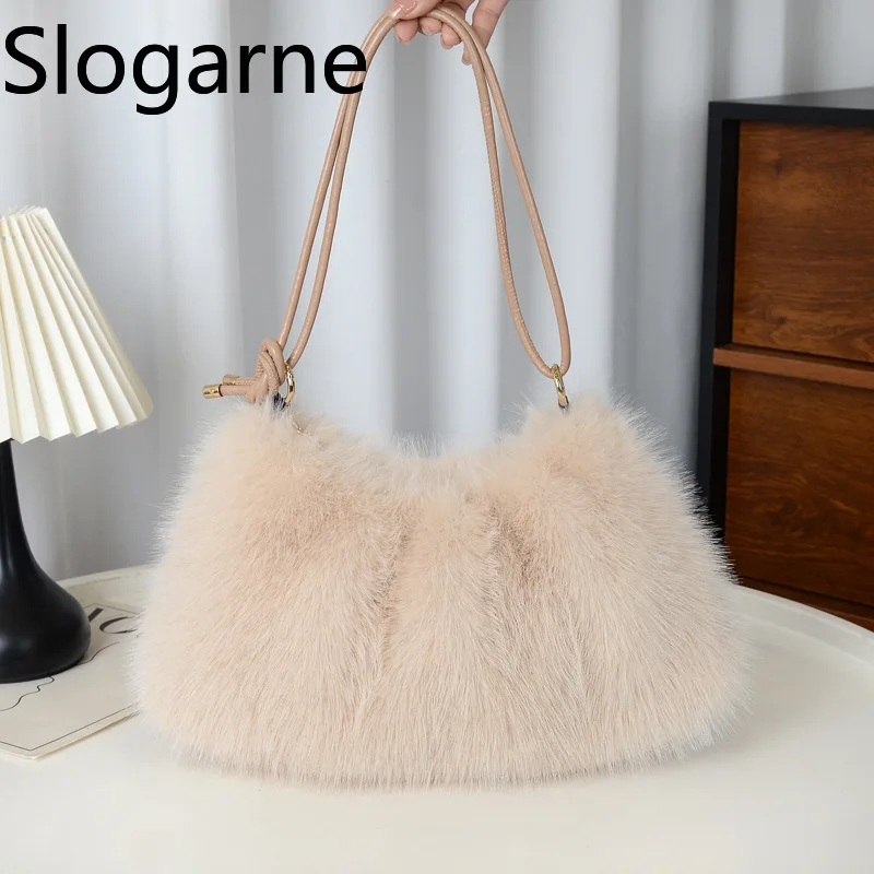 Damska jesienno-zimowa torebka z futerkiem, modna torebka ze sztucznego futra, jednolity kolor, duża pojemność, zapinana na zamek, puszysta torba na ramię/listonoszka.