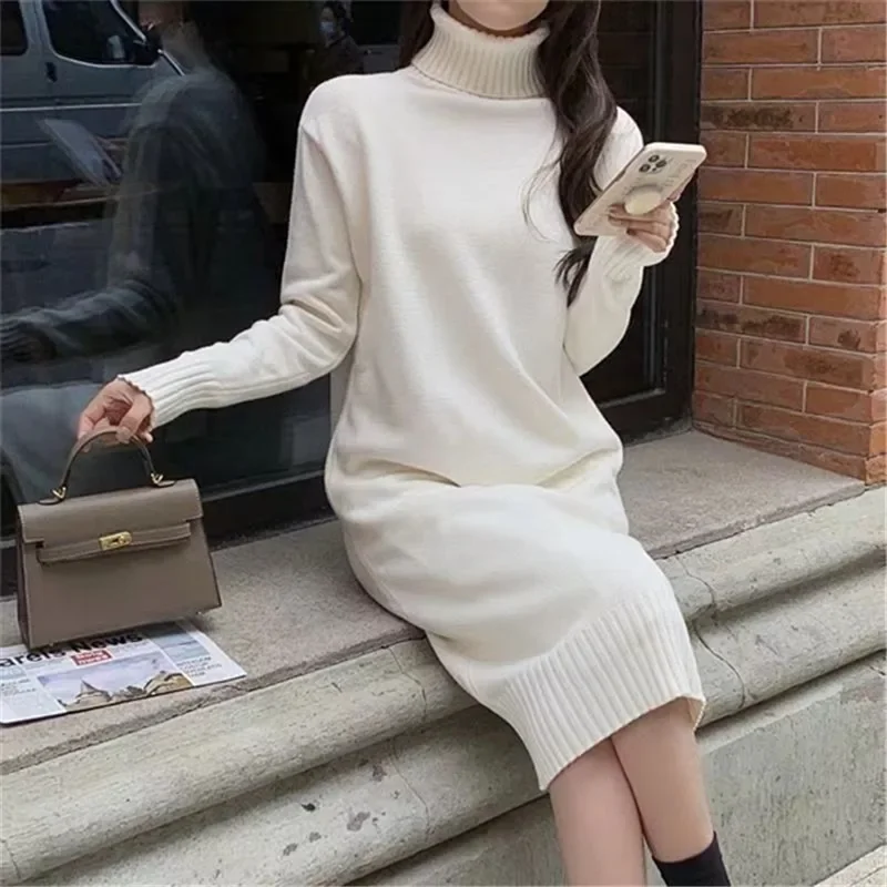 

Women Elegant Loose Mid-Length Knit Sweater High Collar Solid Colors Pullovers Autumn Winter Lantern Sleeve Sweater Pullovers