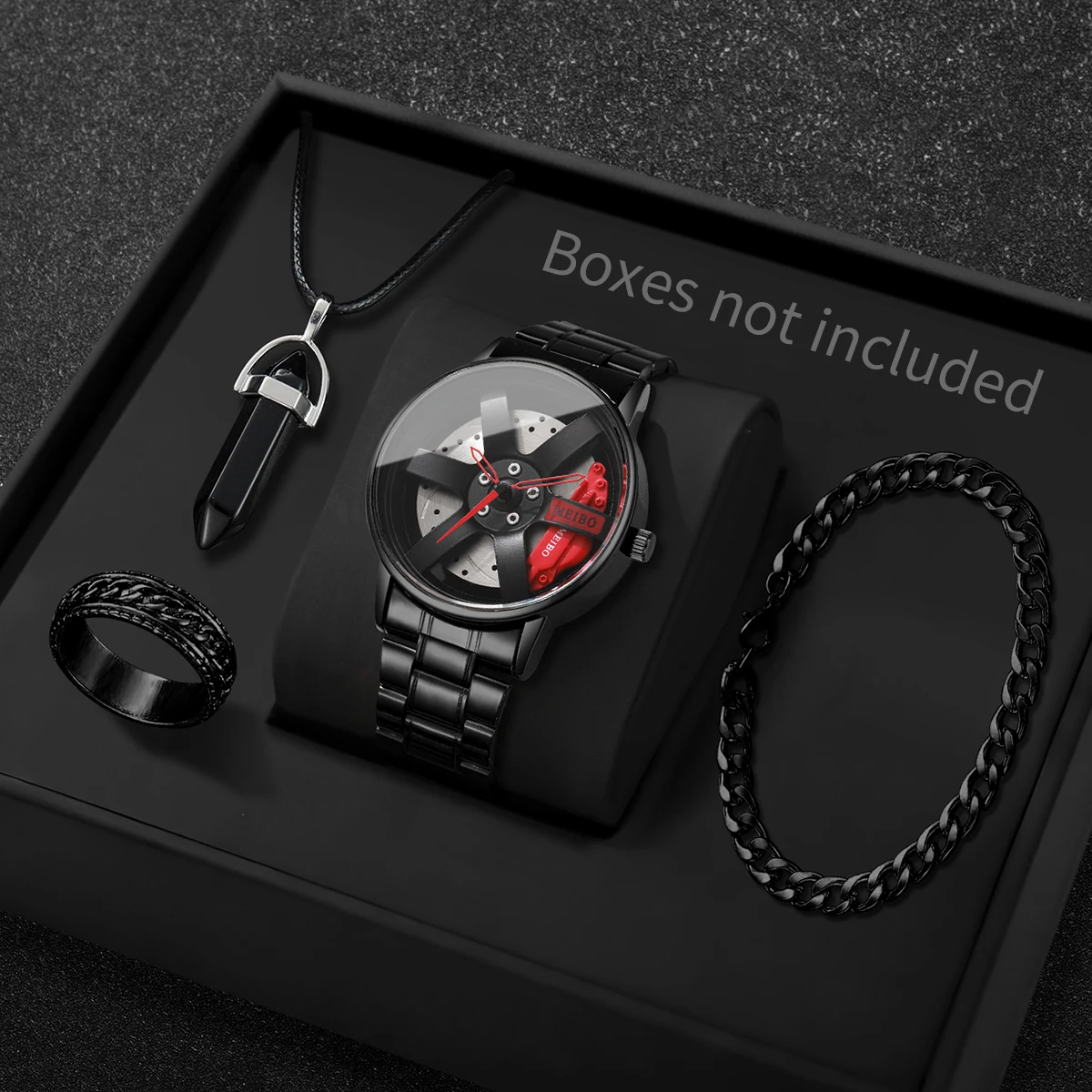 

4 шт., модные мужские спортивные часы, комплект ювелирных изделий, роскошные кварцевые часы из нержавеющей стали с 3d циферблатом на колесо автомобиля, Reloj Hombre (без коробки)