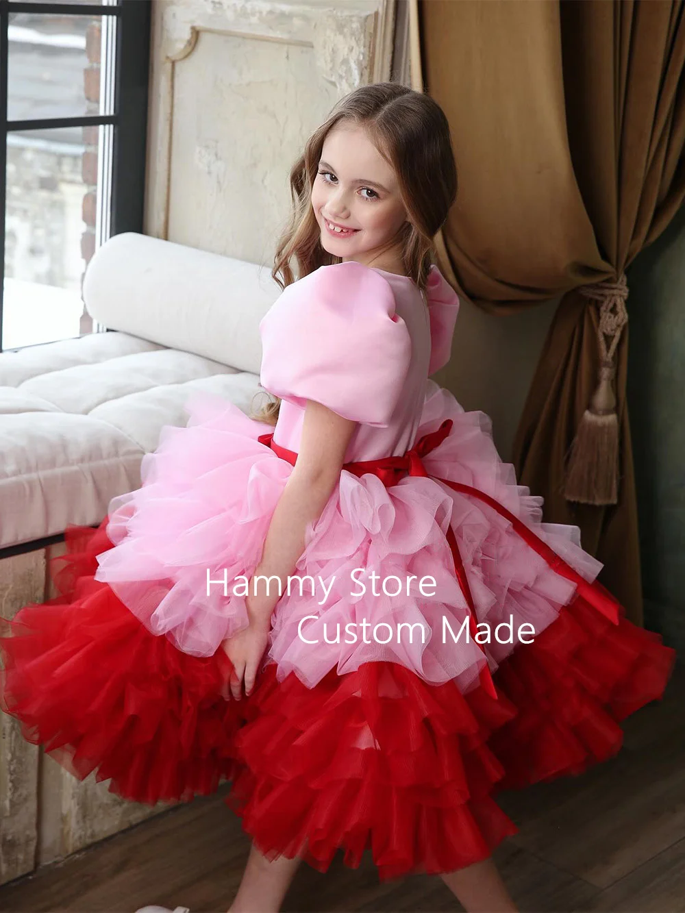 Pink Red Flower Girl Dress Customized Short Sleeves Bow Ruffles Tulle Birthday Dresses Princess Pageant Party Gown for Girls