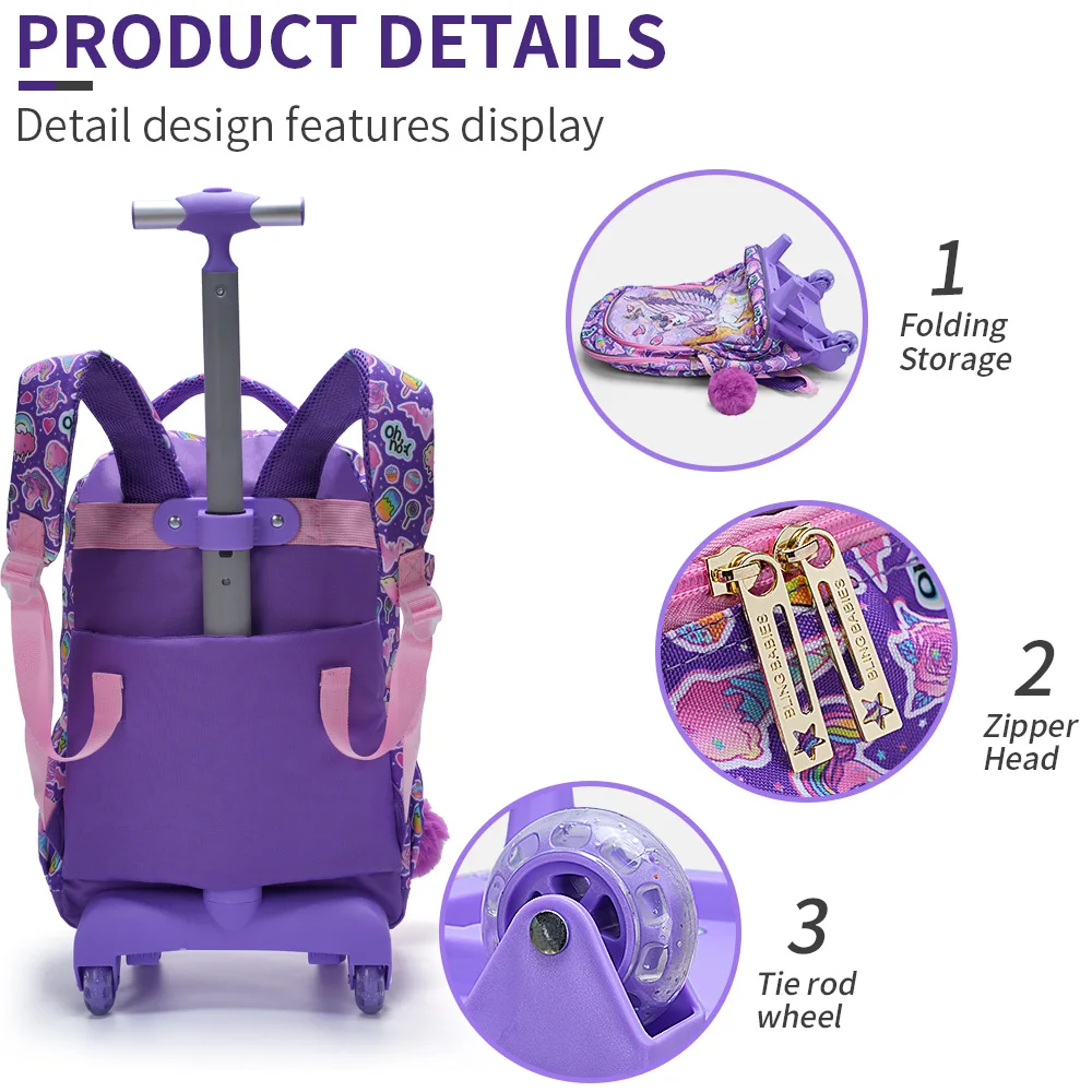 Juego de 3 uds de mochila rodante para niñas, bonitos bolsos con ruedas con diseño de lentejuelas y unicornio y Luna de dibujos animados con fiambrera y bolsa para bolígrafos, color morado