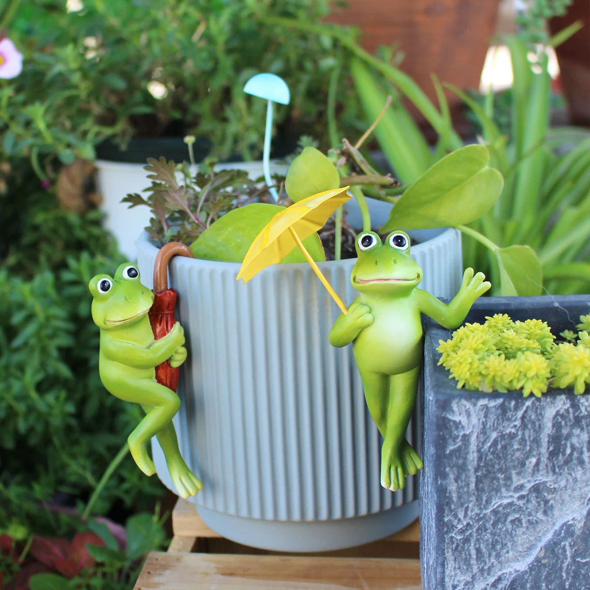 Cartoon Resin Umbrella Frog Succulent Flowerpot Hanging Set, Classic Green Hat Festival DIY Garden Courtyard Decoration