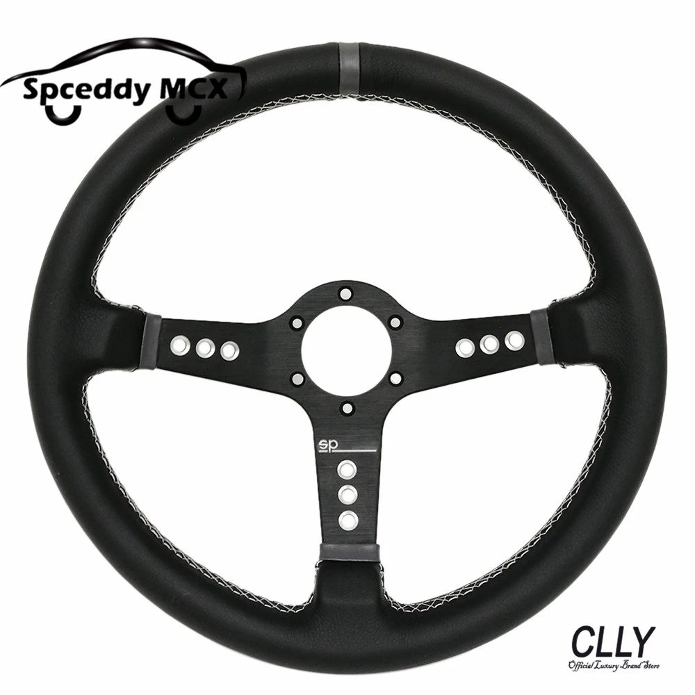 Racing Steering wheel Sport 350mm Deep Corn With Black Spoke 14 inch Race Car Real Leather Steering Wheel