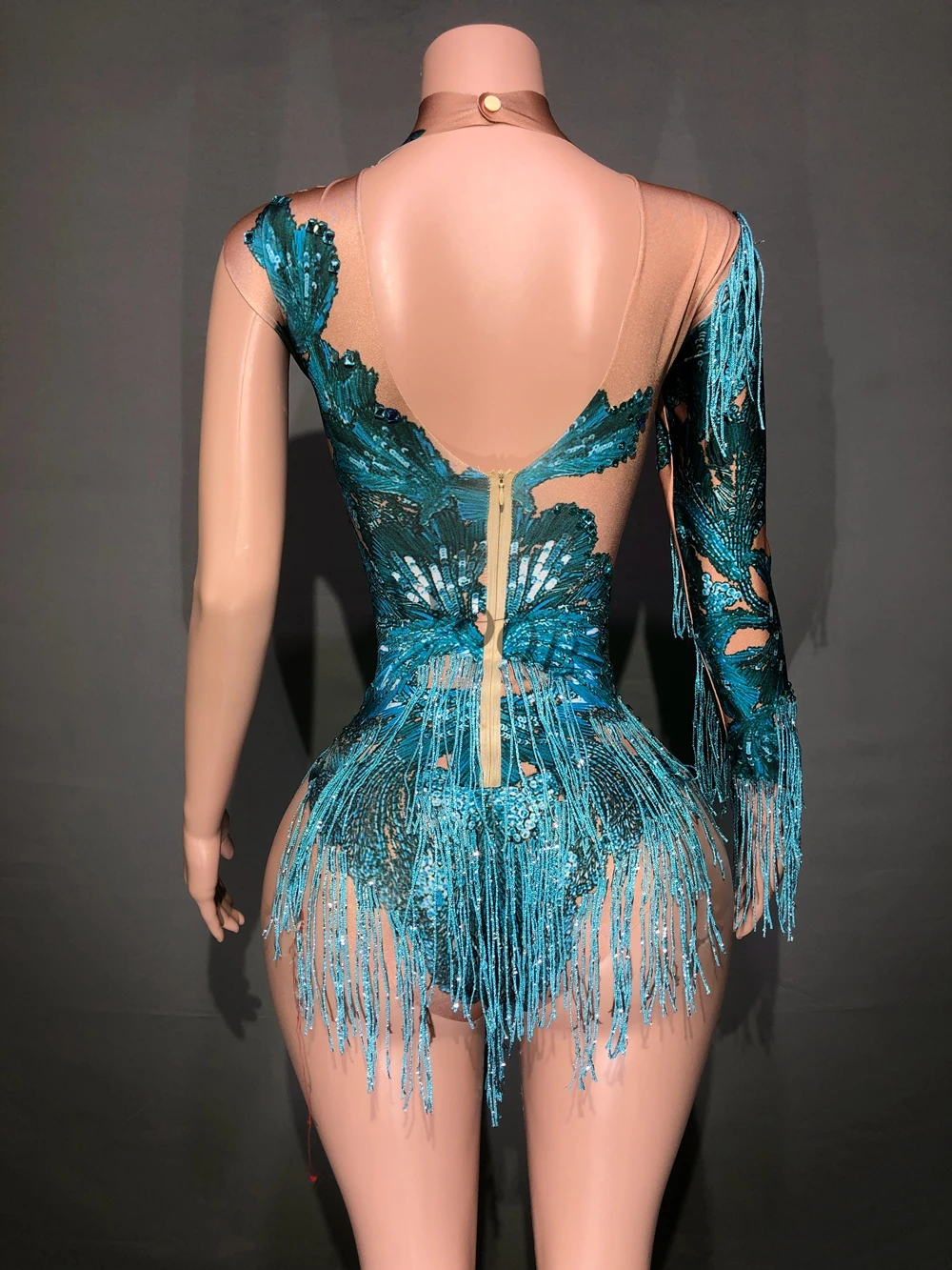 Sparkly Blue Rhinestones Fringes One Shoulder Bodysuit Women Dance Costume Sexy Skinny Leotard Singer Dancer Show Stage Wear