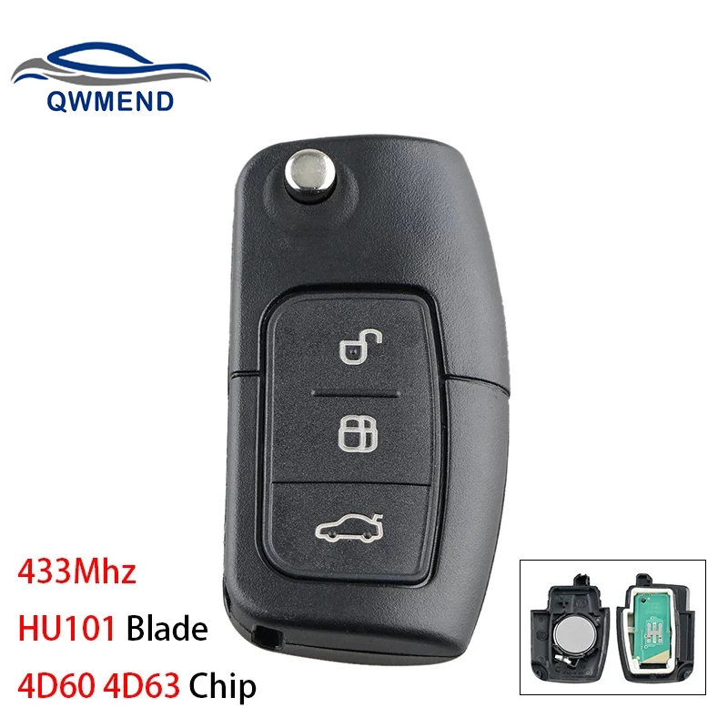 QWMEND 433Mhz 3Buttons Folding Remote Car Key for Ford 4D60 4D63 Chip for Ford Focus 2 3 Mondeo Fiesta Key Fob HU101 Blade