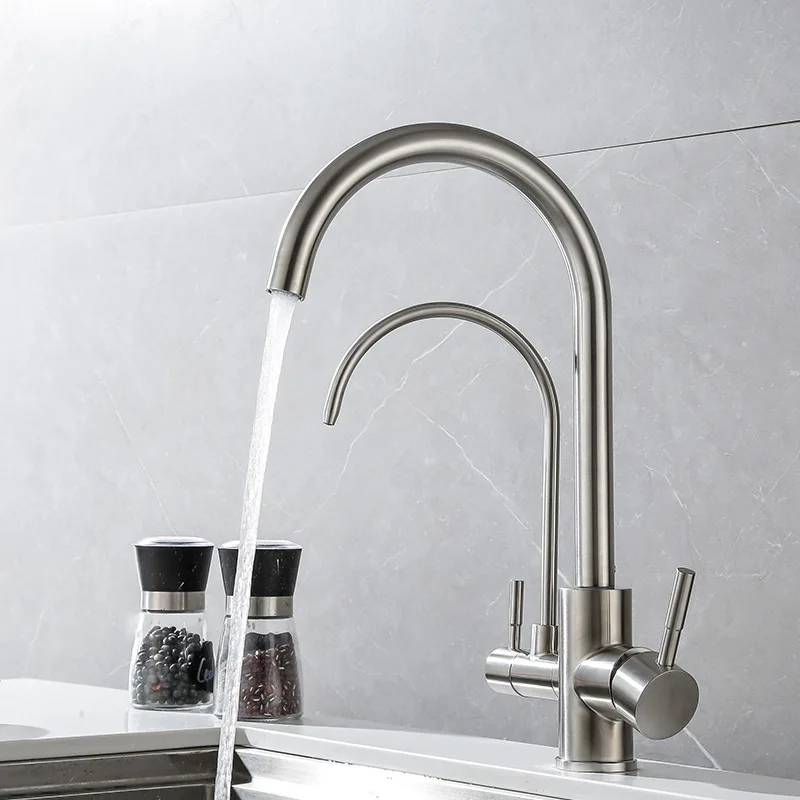 

Nickel 304 Stainless Steel Kitchen Sink Faucet Pure Water Filter Dual Handle Hot and Cold Drinking Water Mixer Taps Crane