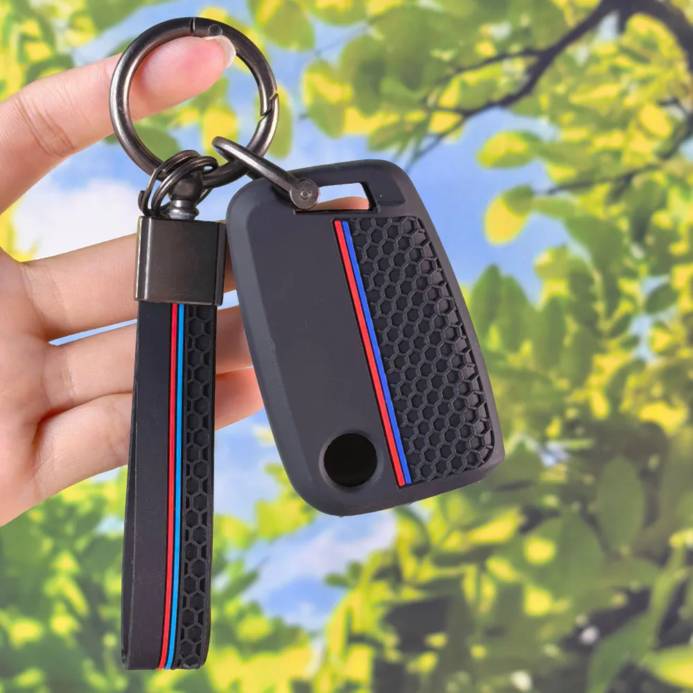 Comfort Grip Silicone Key Cover With Keychain For VW 2018 Atlas Tiguan Golf 7 Magotan 4 Button Honeycomb Racing Strip Shell