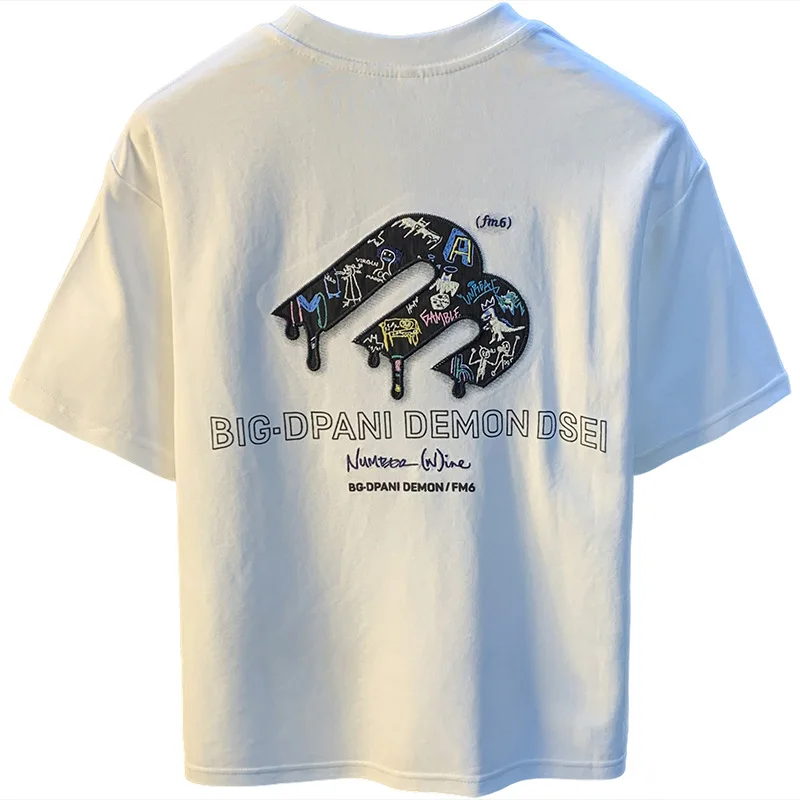 High end embroidered printed T-shirt for men in summer, loose elastic, light luxury trend, casual short sleeved top