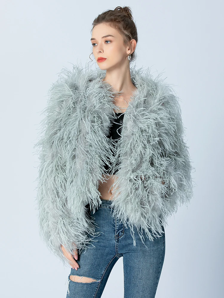 Female Real Fur Ostrich Feather Coats Long Sleeve Fur Jacket Ladies Crew Neck 100% Natural Fur Coat Women Spring Autumn Clothes