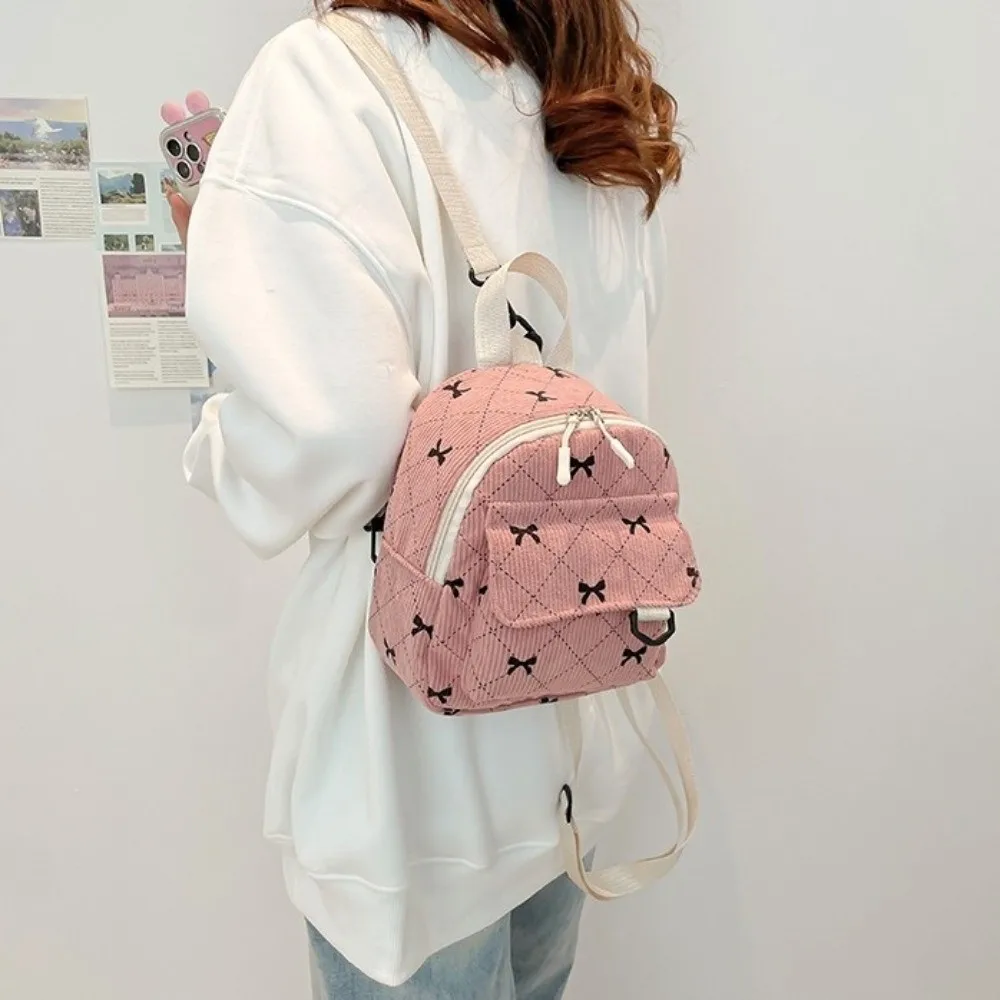 Cute Corduroy Mini Backpack Bowknot Printed Lightweight Shoulder Bag Multi Layered Korean Style Bow Rucksack Travel