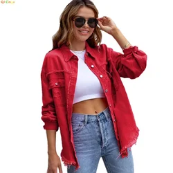 Women's Purple Mid-Length Raw Edge Ripped Denim Jacket, Red Long Sleeve Casual Lapel Coats Top, Green Blue Yellow Gray Optional
