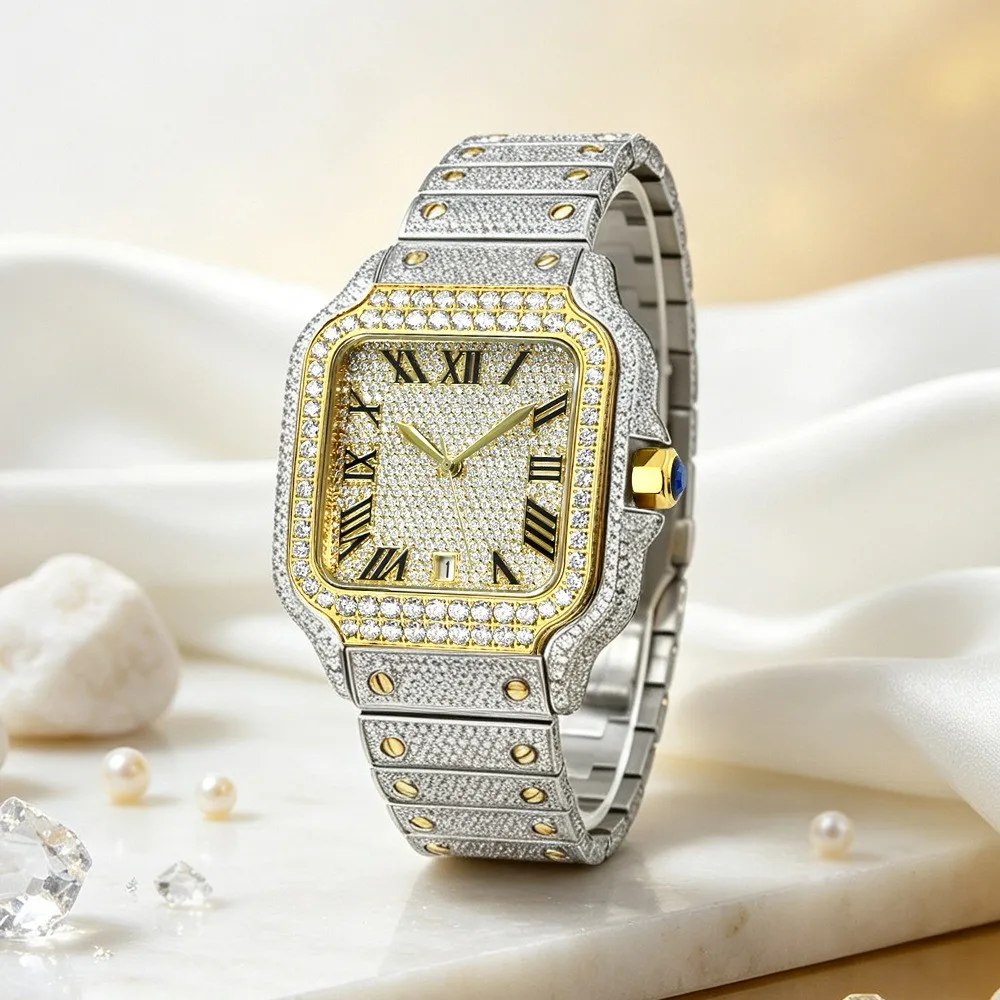 Luxury VVS Moissanite Watch For Men Mechanical Miyota 8215 Movement Jewelry Watch Sapphire 5 ATM See-through Back
