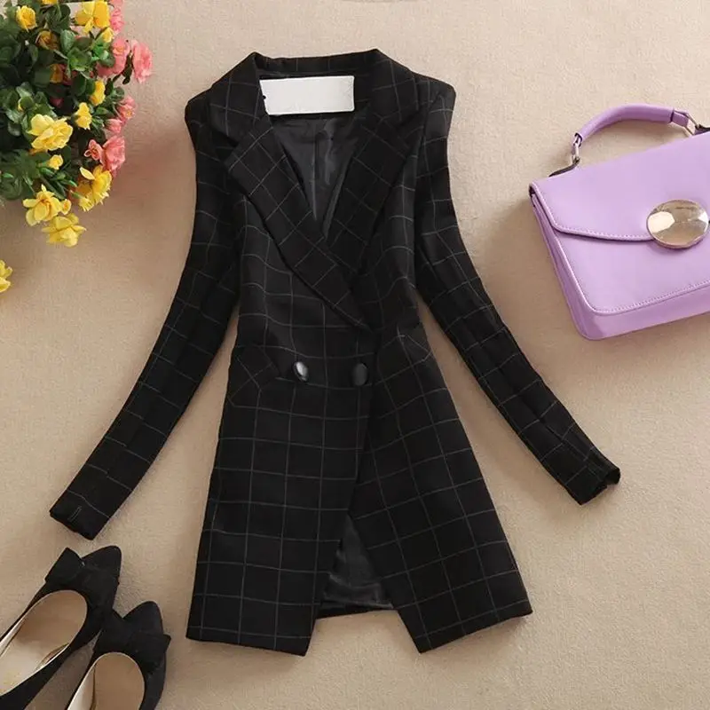 

Women's Plaid Slim Fit Long Coat Spring Autumn Casual Sle Career Suit Outerwear Polyester Fabric Button ket Detail