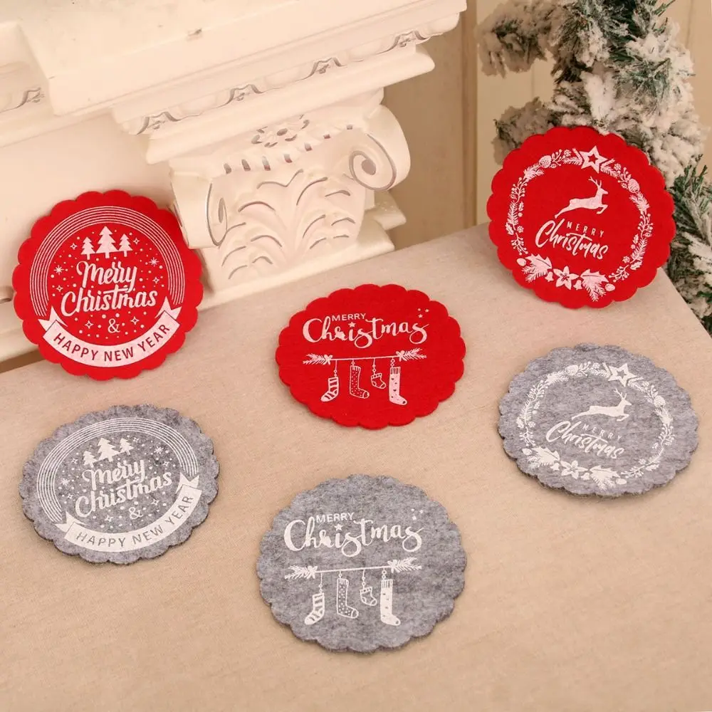 10pcs Red Grey Christmas Felt Coasters Heat Resistant Elegant Wine Cup Mats Non-Slip Merry Christmas Decoration Home Xmas Decor